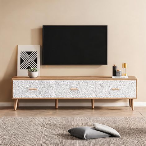 Meuble TV vintage en bois clair et blanc 150 cm 150 x 35 x 39 cm (1/5)