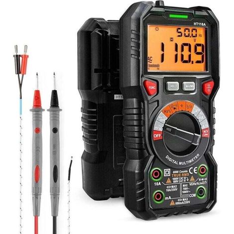 Multimètre numérique automatique 6000 points (guide des bornes à LED), testeur électrique professionnel, mesure la température, la capacité, la tension/le courant AC/DC, la résistance/la fréquence et (1/4)