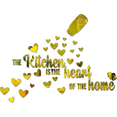 Sticker mural miroir en acrylique pour cuisine avec citations inspirantes Inscription en anglais « The Kitchen is The Heart of The Home » Doré (1/5)
