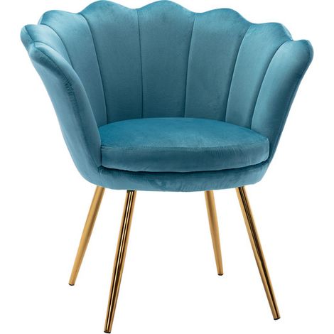 Wahson Fauteuil Relax en Velours, Fauteuil de Salon Moderne Chaise Coquillage avec Pieds Métal Fauteuil Scandinave pour Chambre, Velours, Bleu Clair (1/5)