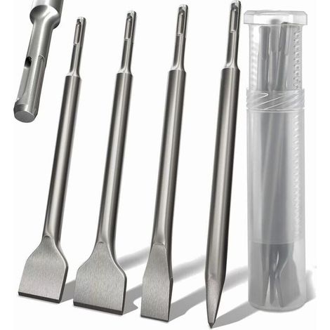 Set mit 4 SDS Plus Meißeln – Rundgriff, Elektrohammer, Vierkant-Rundmeißel, 142 x 250 mm gebogener Meißel, extra großer Flachmeißel