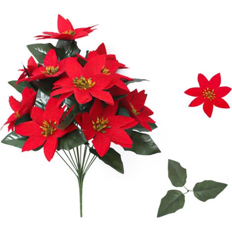Fleur Artificielle - Poinsettia Rouge - Décoration De Noël Pour Arbre - Intérieur Et Extérieur - Lot De 12 (1/3)
