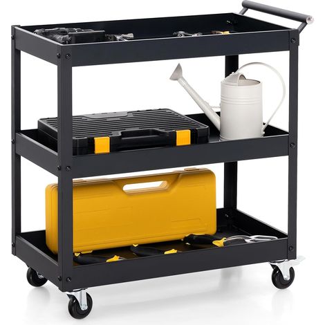 GOPLUS Chariot à Outils 3 Niveaux avec 4 Roues Universelles et Poignée Latérale, Porte-Serviettes, Servante d'Atelier Roulant pour Garage, Salle de Bain, Entrepôt, 76 x 38 x 76 cm,Noir (1/5)
