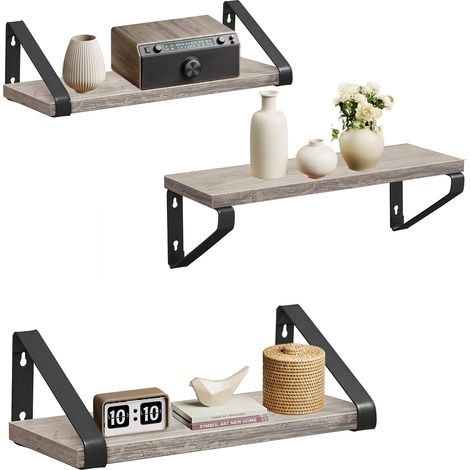 Étagère Murale, Tablette Flottante, Lot de 3, 2 Façons de Montage, 30/35/40 cm, pour Salon, Cuisine, Bureau, Salle de Bain, Grège et Noir Mat (1/5)