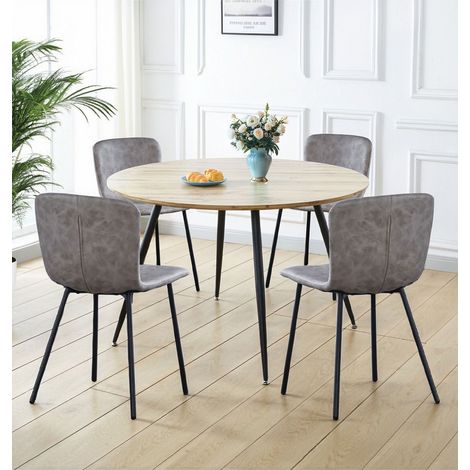 Hallowood Furniture Cullompton Round Dining Table and Chairs Set 4, Light Oak Effect Top Large Kitchen Table and 4 Dining Chairs in Taupe Faux Leather Upholstery, Modern Café or Home Furniture (1/5)