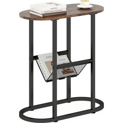 COSTWAY 2-Tier Oval End Table Narrow Side Table w/Magazine Holder-Brown (1/5)
