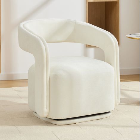 Fauteuil pivotant 360° 70x65,5x74 cm blanc, tissu chenille, structure en bois MEUBLIV (1/5)