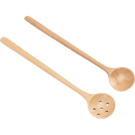 Lot de 2 cuillères en bois de hêtre, style japonais, petites, fines, à long manche et à ouverture ronde, pour remuer et servir. (1/5)