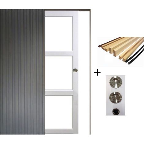 Porte Coulissante Kenya Blanc Vitrage Transparent H204 X L73 Cm, Galandage, Kit Finition (coquille Et Tire Doigt) Gd Menuiseries