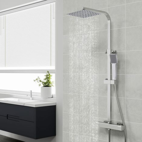 Columna de Ducha Termostática Ducha Casa cromado Alcachofa Cuadrada Grande Barra Regulable 76-118cm Sistema de Ducha Superior (1/5)