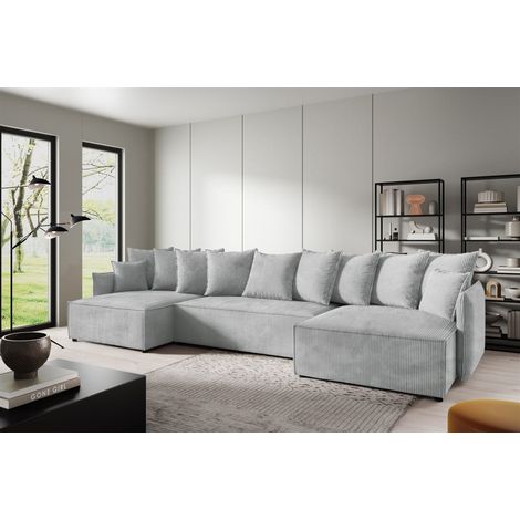 Wohnlandschaft mit Schlaffunktion MINEA Sofa U-Form in Stoff Poso Hellgrau (1/2)