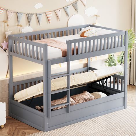 Litera infantil de madera maciza gris 90x200 cm con almacenaje hidráulico y somier de láminas (1/5)