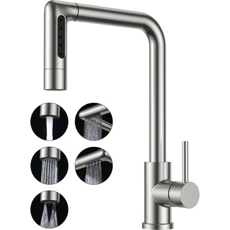Robinet de Cuisine Cascade Noir, Rotatif à 360° Mitigeur Cuisine avec Douchette, Acier Inoxydable à Haute Pression avec Levier Unique et 3 Modes de Pulvérisation (1/5)