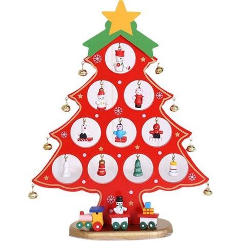 Sapin de Noël - En Bois - Plat avec 10 Trous - Décoration Festive Rouge - Lot de 1 (1/5)