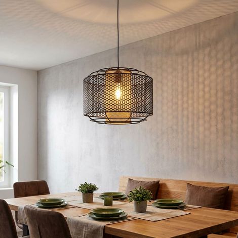Pendelleuchte Hängeleuchte Esstischlampe Wohnzimmerleuchte Küchenlampe, Metallgitter schwarz Zylinder goldfarben, 1x E27, H 150 cm