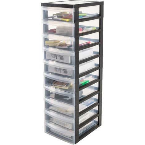 Iris Ohyama, Tour de rangement plastique sur roulettes A4, 10 Petits Tiroirs, Noir, BC-010