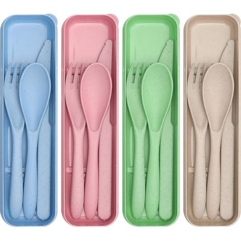 4 Couvert Plastique, Couverts Plastique Reutilisable avec Etui, Couverts Lunch Box avec Cuillère, Couteau et Fourchette, Couverts pour les Voyages, l'école et le Bureau (1/5)