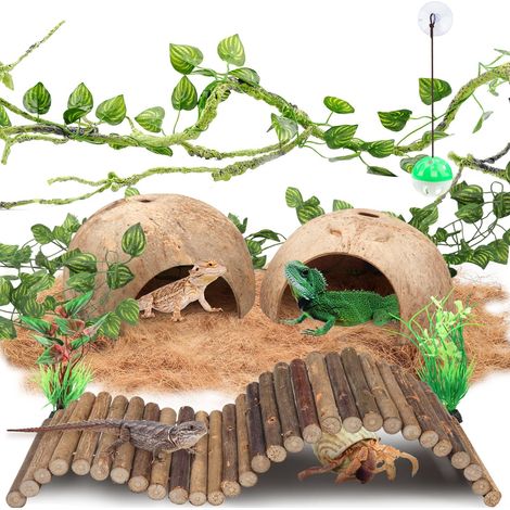 Tente de Cachette en Coque de Noix de Coco avec Pont en Bois pour Reptiles, Lézard, Tortue, Bernard-l'ermite et Grenouille - Décoration de Vivarium (1/5)