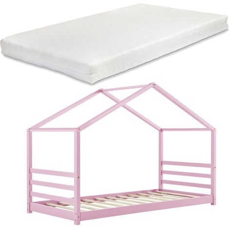 Lettino per bambini casetta con materasso e rete a doghe in legno di pino rosa 90x200 cm 030005491