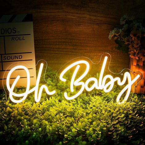 Enseigne néon « Oh Baby » – Luminaire mural de fond, parfait pour les fêtes de « pleine lune » (célébration du premier mois) pour garçons et filles, lumière blanc chaud (16,5 x 6,7 pouces) (1/5)