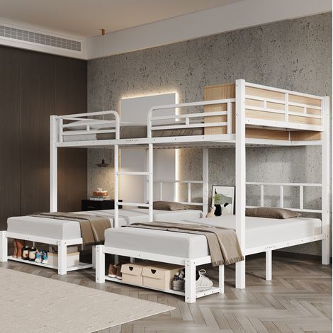 Litera metálica 3 plazas blanca y madera clara, cama alta 140x200 cm y dos camas 90x200 cm con estante y zapatero, para dormitorio juvenil o invitados -FLORAGRACE (1/5)