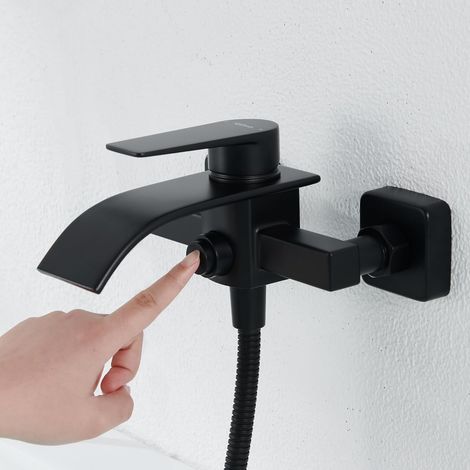 Robinet Baignoire Cascade Noir - Mitigeur Monocommande Mural en Laiton avec Bouton Poussoir pour Baignoire et Douche - Montage Facile avec Accessoires - 2 Sorties pour Bain (1/5)