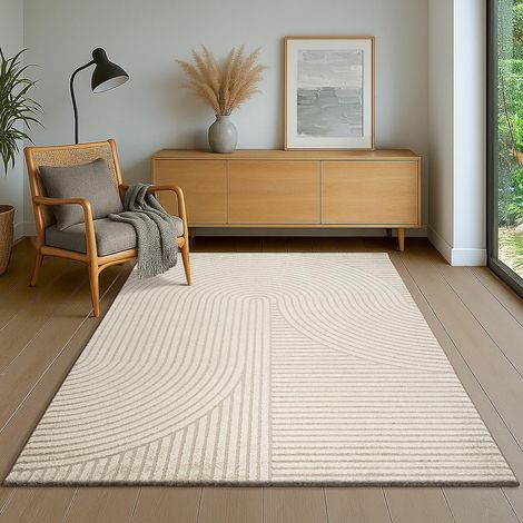 Tapis Salon Moderne à Poils Courts avec Effet Haut-Bas, Effet 3D, Haute densité de Poils et agréablement Doux,Beige, 160 x 230 cm