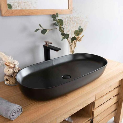 Wanda Collection – Vasque à poser en céramique noire 82cm – Forme ovale élégante – Largeur 41cm – Hauteur 13cm – Résistante aux chocs et rayures