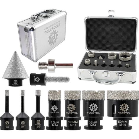 Foret Diamant Carrelage Kit - 10 pièces (6/6/8/20/25/35/50mm+10mm Fraise+35mm Mèches Chanfrein Biseautées+Adaptateur Hexagonal) Scie Cloche Diamantée pour Porcelaine Carrelage Marbre Granit (1/5)