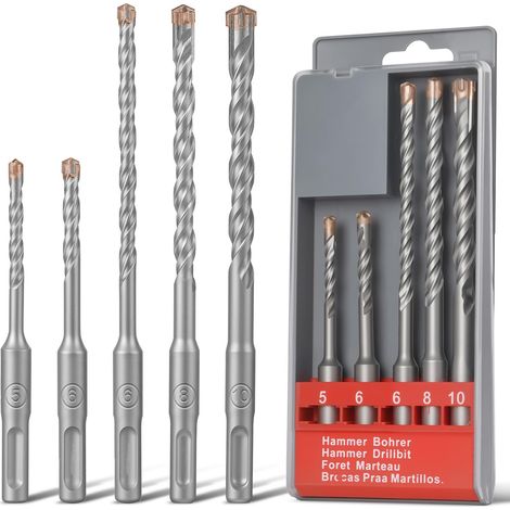 Foret à Béton, 5pcs Foret Carrelage, Forets SDS Plus, Jeu de Forets à Béton, avec 4 taillants en carbure et double vis, pour Percer Dans le Bétons, Brique, Pierre, Ø5/6115mm+Ø6/8/10165mm (1/5)