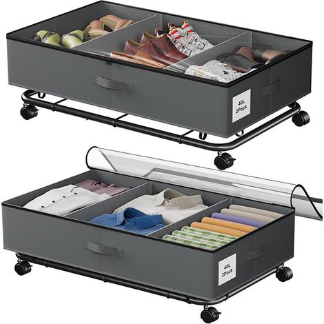 Coffre de rangement sous lit à roulettes, gris, 2 pièces, pliable en tissu Oxford, anti-poussière, avec fenêtre transparente, 78 x 42 x 16 cm, 3 roulettes noires incluses. (1/5)