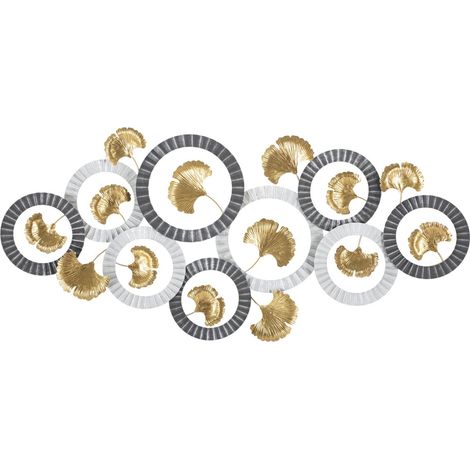 Pannello decorativo da parete Arty con foglie di ginkgo in ferro oro, grigio e bianco 126x58 cm
