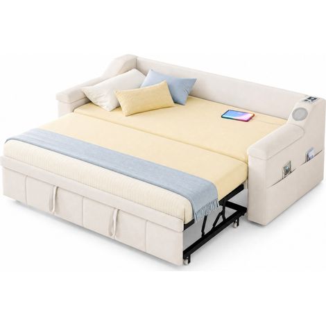 Canapé-lit convertible 90x190 cm en velours beige, avec Bluetooth, USB, rangements et sommier à lattes, lit 180x190 cm  CHICFURN (1/5)