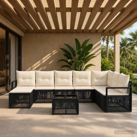 Ensemble canapé de jardin 9 pièces en polyrotin noir, modulaire, 8 places - PANGIVO (1/5)