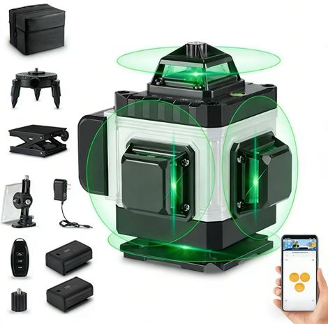 Niveau laser 4D à 16 lignes, 360° horizontal/vertical, niveau à nivellement automatique vert, avec télécommande,IP54,2 batteries de 3000 mA. (1/5)