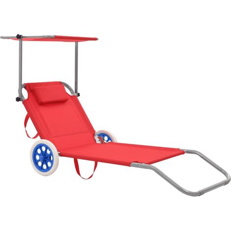 Chaise longue pliable à roulettes tissu rouge et métal Durra (1/5)