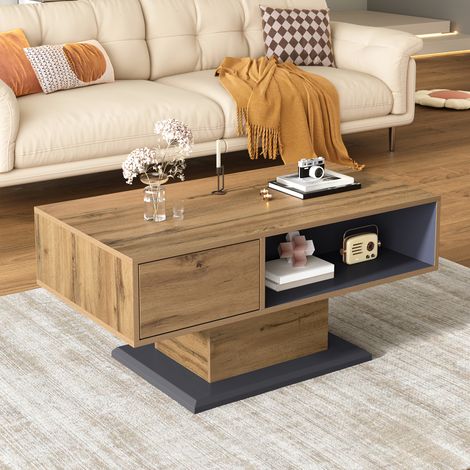 Moderne Couchtisch, doppelseitig, 100x50 cm, mit großem Stauraum und zusätzlichem Innenraum, praktisches Design für Wohnzimmer - Holzfarbe
