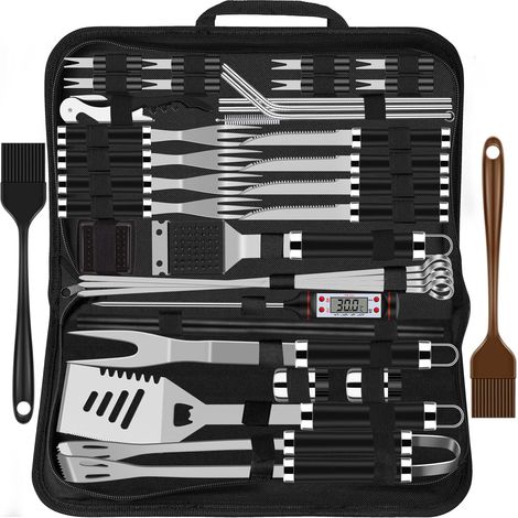 38pcs Kit Barbecue Set Accessoires de Grill en Acier Inoxydable pour Hommes, Ensemble d'Ustensiles de Grill avec Sac et Tapis pour Camping Noir (1/5)