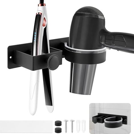 Support mural pour sèche-cheveux, support pour sèche-cheveux et lisseur, organisateur d'outils capillaires pour salle de bain, adapté à la plupart des sèche-cheveux (Noir) (1/4)