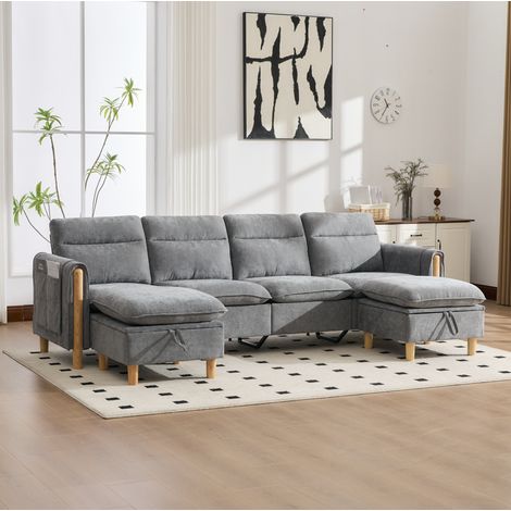 Canapé U modulable 261x77x86 cm en chenille gris clair avec rangement, pour salon – MEUBLIV (1/5)