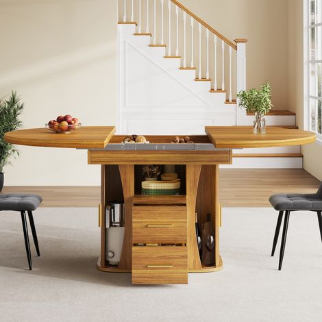 Mesa extensible redonda 118-158 cm con almacenamiento, MDF color nogal DESVIAE (1/5)