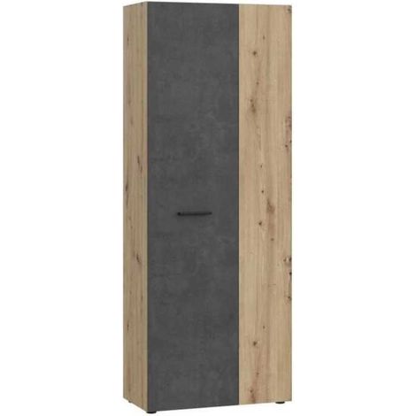 Forte – Armoire de rangement béton gris foncé et chêne – 2 portes – 3 tablettes – 68,7 x 36,5 x 181,1 cm – Design industriel chic (1/5)