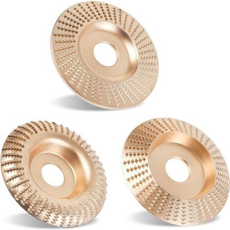 Holzschnitzscheibe für Winkelschleifer - zum Formen, Schleifen und Schneiden, 16 mm Öffnung, 3 Stück, goldfarben, flach. (1/5)