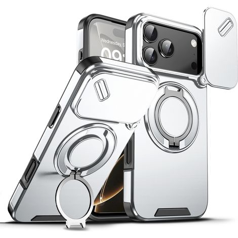 Étui de protection avec objectif coulissant pour iPhone 16 Pro Max - Étui de protection de qualité militaire avec coussins d'air aux coins, protection contre les chutes et anneau magnétique - Argent