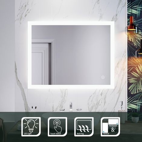 ELEGANT Horizontal Vertical Wall Mounted Bathroom Mirror 4mm Copper-Free Mercury Illuminated Mirror 900x700mm with Demister and Sensor IP44 Rated (1/5)