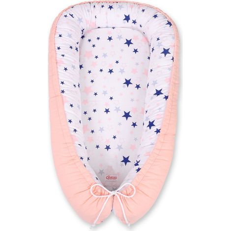 Babykokon, doppelseitig, Laufstall, Wickeltuch, Premium BOBONO - marineblau und rosa Sterne auf (1/5)