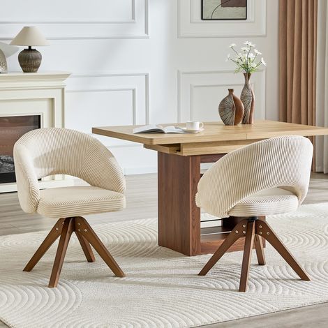 Fauteuils pivotants rétro tissu blanc rayures, dossier incurvé, piétement noyer, rotation 360° silencieuse, lot de 2