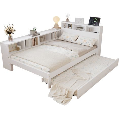 GagaLit en bois 120x200 cm avec lit gigogne 90x190 cm et rangement blanc (1/5)