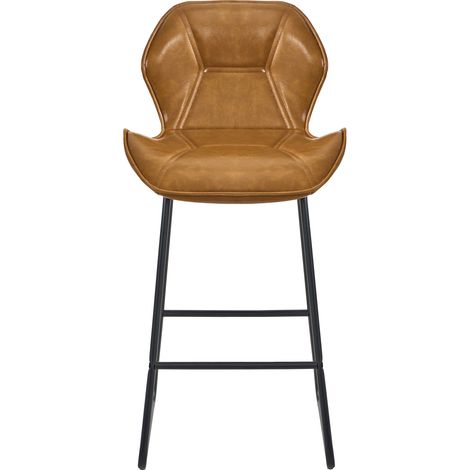 Lot de 2 tabourets de bar en cuir régénéré marron avec dossier, pied repose-pieds et structure métal noire pour cuisine, comptoir et maison CHICFURN (1/5)