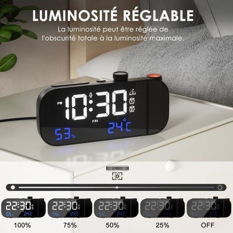 Réveil Projecteur Plafond - Horloge Numérique Avec Affichage Température Humidité - Radio FM Snooze - Alimentation Secteur - Noir - 1 Pièce (1/5)